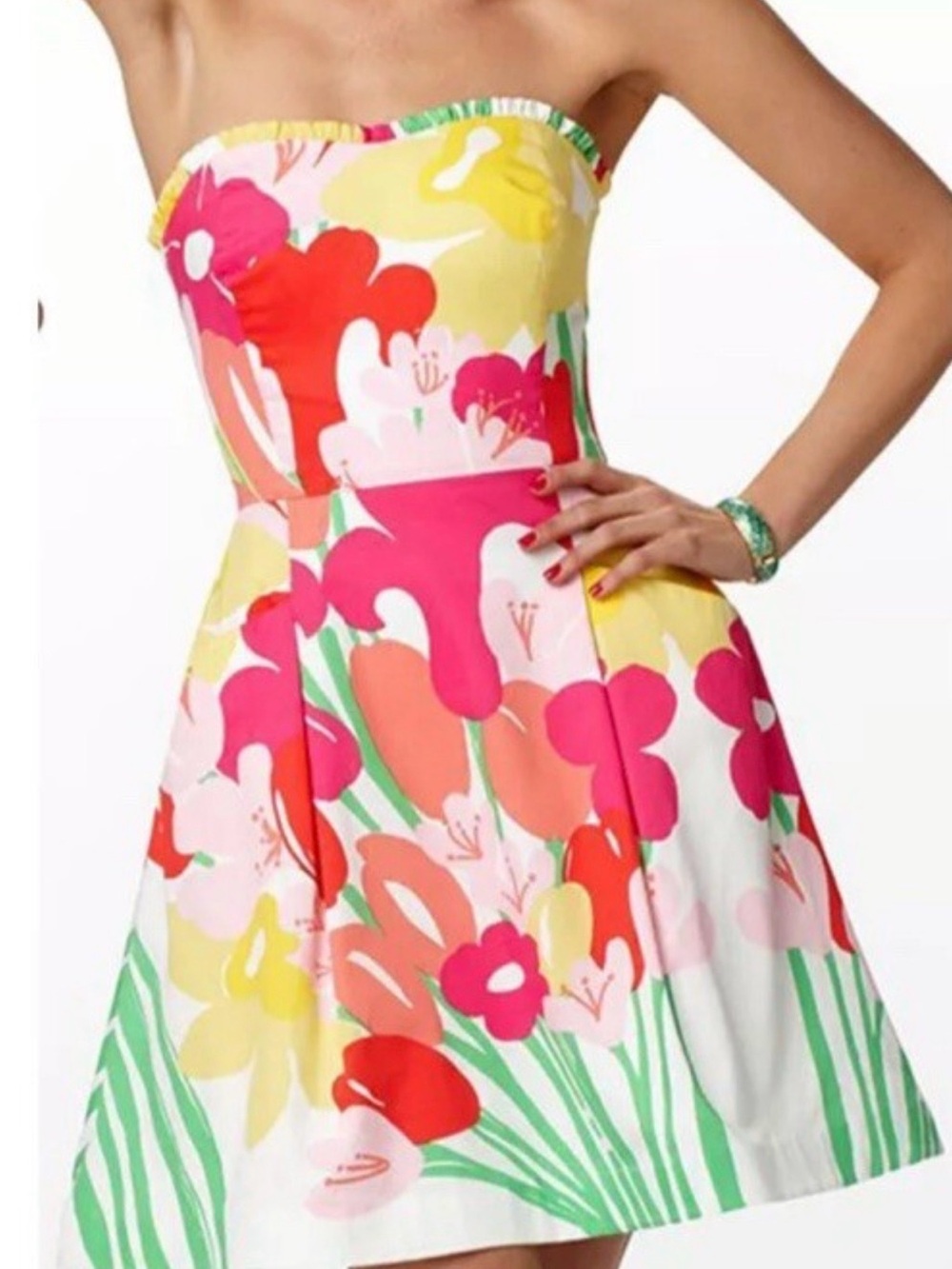 Lilly Pulitzer Strapless Floral Fit-and-Flare Dress in Pink, Red, Yellow, Green